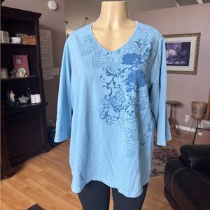 Denim & Co shades of blue 3/4 sleeves Vneck top-size 1X